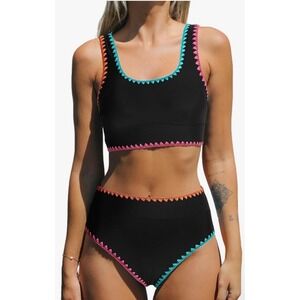 Cupshe Womens Black High Waisted Bikini Set Crochet Trim Size M